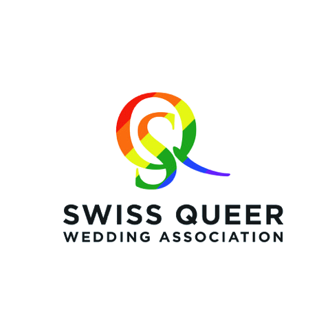 Logo der Swiss Queer Wedding Association: ein verschränktes SQ-Monogramm in Regenbogenfarben über dem Schriftzug Swiss Queer Wedding Association